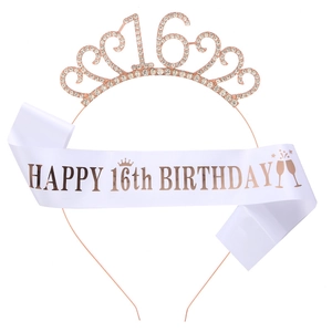 Sparkling rhinestone 16th crown and rose gold Happy 16th Birthday satin sash set