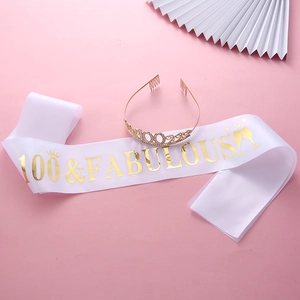 100th Birthday white satin sash and crystal tiara set with 100 Fabulous gold lettering
