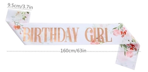 White satin birthday girl sash with floral print and size 160x9.5cm measurement details