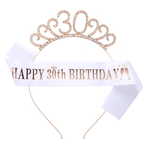Detail showing 30th birthday set with rose gold rhinestone crown and satin sash