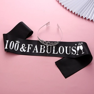 Detail of 100 Fabulous black satin sash and silver crystal tiara for 100th birthday