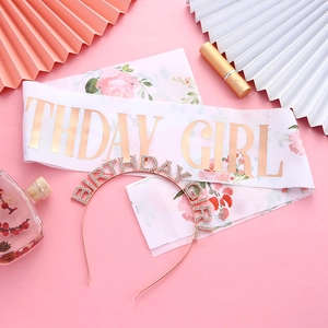 Floral sash and rose gold rhinestone headband set with Birthday Girl text for party wear