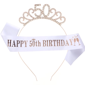 Rose gold 50th birthday crown tiara with happy birthday white satin sash set
