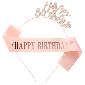 Happy Birthday Headband And Sash Set For Women Rose Gold Alloy Rhinestone Tiara Crown Satin Birthday Girl Party Decoration