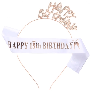 18th Birthday Set with Rose Gold Rhinestone Tiara and Happy Birthday Satin Sash