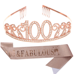 Rose gold 100th birthday tiara and 100 Fabulous glitter sash set for women