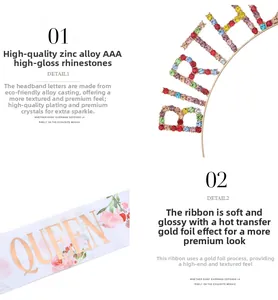 Detalle de diadema de cristales coloridos y banda Queen con estampado de rosas