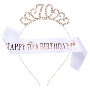 Rose gold 70th birthday kit with rhinestone crown tiara and white satin sash with gold foil