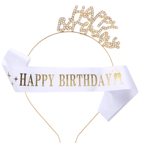 Glittery gold Happy Birthday headband and white satin sash set for birthday celebrations