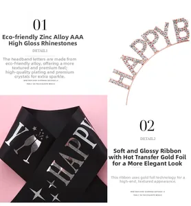 Detailed close-up of rhinestone Happy Birthday headband and black satin sash set