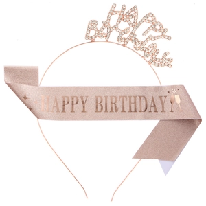 Rose gold Happy Birthday headband and glitter sash set for party celebration