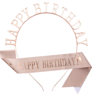 Ensemble serre-tête Happy Birthday or rose et écharpe pailletée rose pour anniversaire