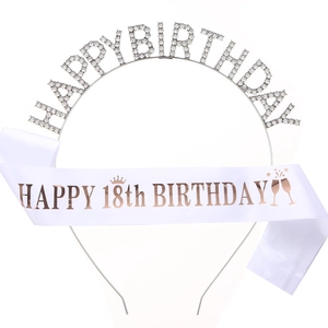 Alloy Rhinestone Birthday Headband And Satin Sash Sparkling Letter Tiara Party Decorations For Women Girls Birthday Gift