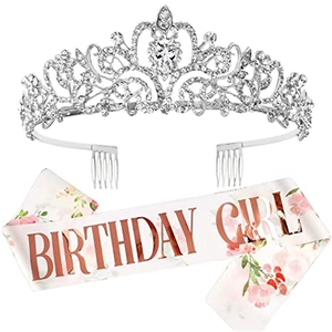 Birthday girl set with silver rhinestone crystal crown and pink floral sash kit