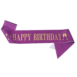 Purple glitter Happy Birthday sash with gold lettering for party decorations