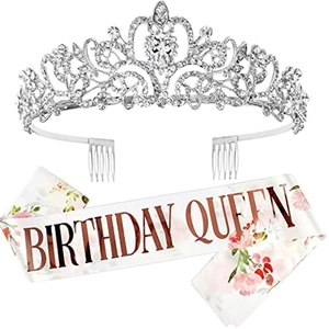 Birthday Queen set featuring a silver crystal crown and floral white satin sash