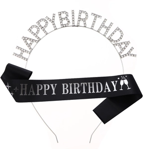 Birthday set with silver rhinestone Happy Birthday headband and black satin sash