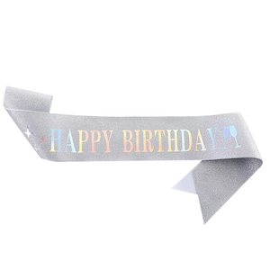 Silver glitter Happy Birthday sash with holographic text and wine glass icons