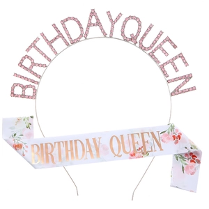 Silver Birthday Queen tiara with pink rhinestones and floral sash set for party