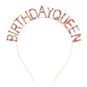 Serre-tête Birthday Queen avec strass multicolores sur cadre métallique fin