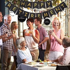 Detailed black and gold Happy Retirement banner with spiral hanging decorations set