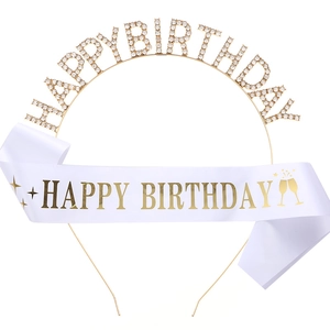 Golden rhinestone Happy Birthday headband and white satin sash set for party celebrations