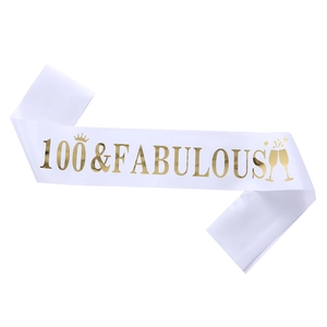 Elegant white satin 100 Fabulous birthday sash with gold foil print for party