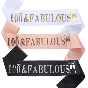 Three-color 100 & Fabulous birthday sashes in white, rose gold, and black satin fabric