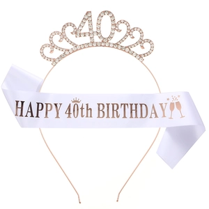 Sparkling 40th birthday set featuring a rhinestone crown and white satin sash