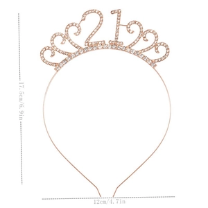 Rose gold 21st birthday crown headband with white rhinestones and size dimensions