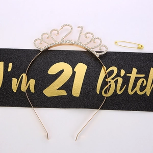 21st birthday set with gold rhinestone crown and black glitter sash with gold lettering