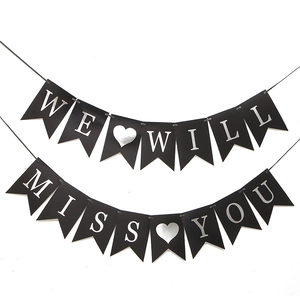 Black swallowtail retirement banner with silver WE WILL MISS YOU letters and heart accents