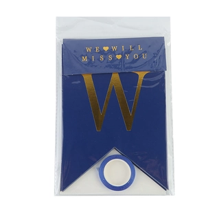 Detail of blue and gold WE WILL MISS YOU retirement party banner in transparent packaging