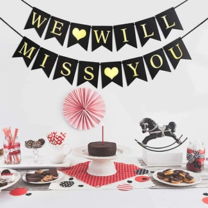 Black and gold WE WILL MISS YOU swallowtail retirement banner for party decorations