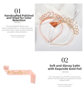 Detail of glittery 21st birthday tiara set with rose gold satin sash and rhinestones