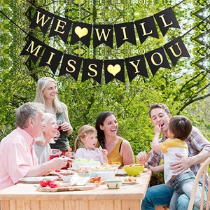 WE WILL MISS YOU swallowtail banner with gold lettering for retirement party decoration