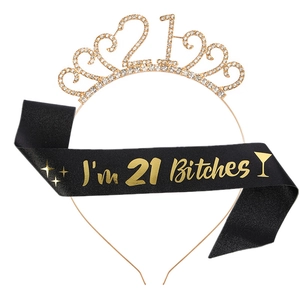 21st Birthday Tiara And Sash Set For Women Gold Rhinestone Crown Black Satin Sash Birthday Party Decorations Accessories