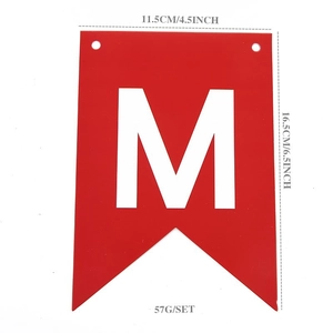 Detail view of red swallowtail banner with white letter M for Christmas party decor