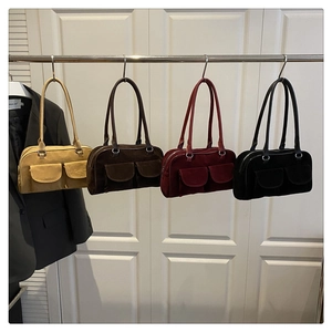 Retro suede shoulder bags in yellow, brown, red, and black with double front pockets