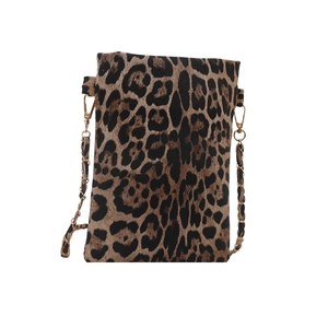 Leopard print crossbody square bag with golden chain strap for women on white background