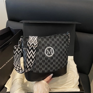Fashionable grey canvas bucket bag with letter print and wide jacquard shoulder strap