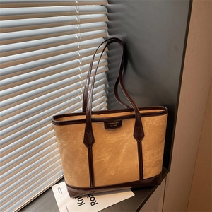 Women Large Capacity PU Leather Tote Bag Minimalist Commuting Shoulder Bag Retro Solid Color Handbag Travel Office Lady Bag