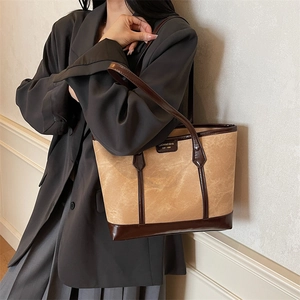 Retro canvas and leather tote bag for women, large capacity shoulder bag in khaki and brown