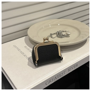 Mini monedero de cuero negro con cierre dorado sobre un libro decorativo