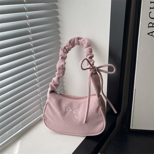 Sac Sous le Bras en Velours Côtelé pour Femmes Broderie Nœud Vintage Bandoulière Plissée Sac à Épaule Décontracté
