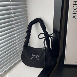 Korean Style Corduroy Bowknot Embroidered Underarm Bag Pleated Ruched Cloud Shoulder Strap Sweet Casual Handbag For Women