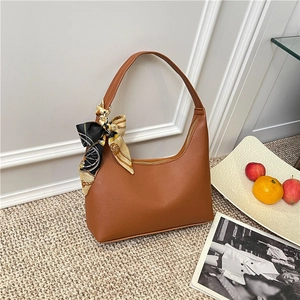 Women Fashion PU Leather Hobo Bag Lychee Texture Underarm Shoulder Bag With Printed Scarf Zipper Commuter Handbag For Ladies
