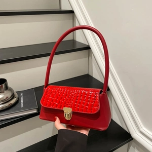 Sac Sous le Bras de Style Français avec Motif Crocodile Sac à Bandoulière Vintage en Cuir PU Sac à Main Baguette Élégant
