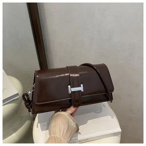 Detail of dark brown glossy leather texture and silver buckle on shoulder bag