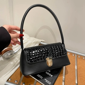 Petit Sac Baguette Rétro à Rabat Gaufré Crocodile pour Femmes en Cuir PU Sac à Épaule Tendance avec Boucle Métallique